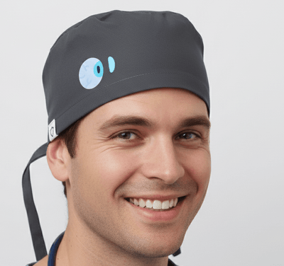 Smiling healthcare worker wearing dark gray scrub cap with blue eye design, front view