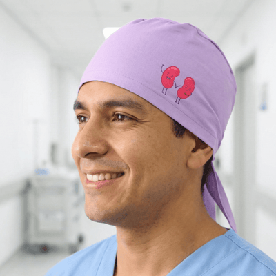 Happy Kidney Beans vinyl transfer scrub cap worn by a model