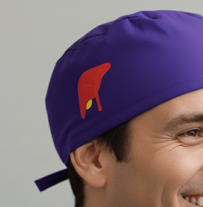Purple scrub cap with red cardinal bird vinyl transfer design, side profile view