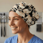 Pug Party scrub cap shown on model