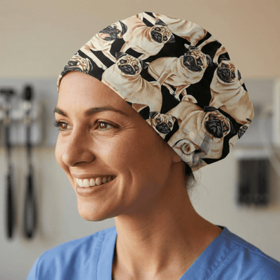 Pug Party scrub cap shown on model