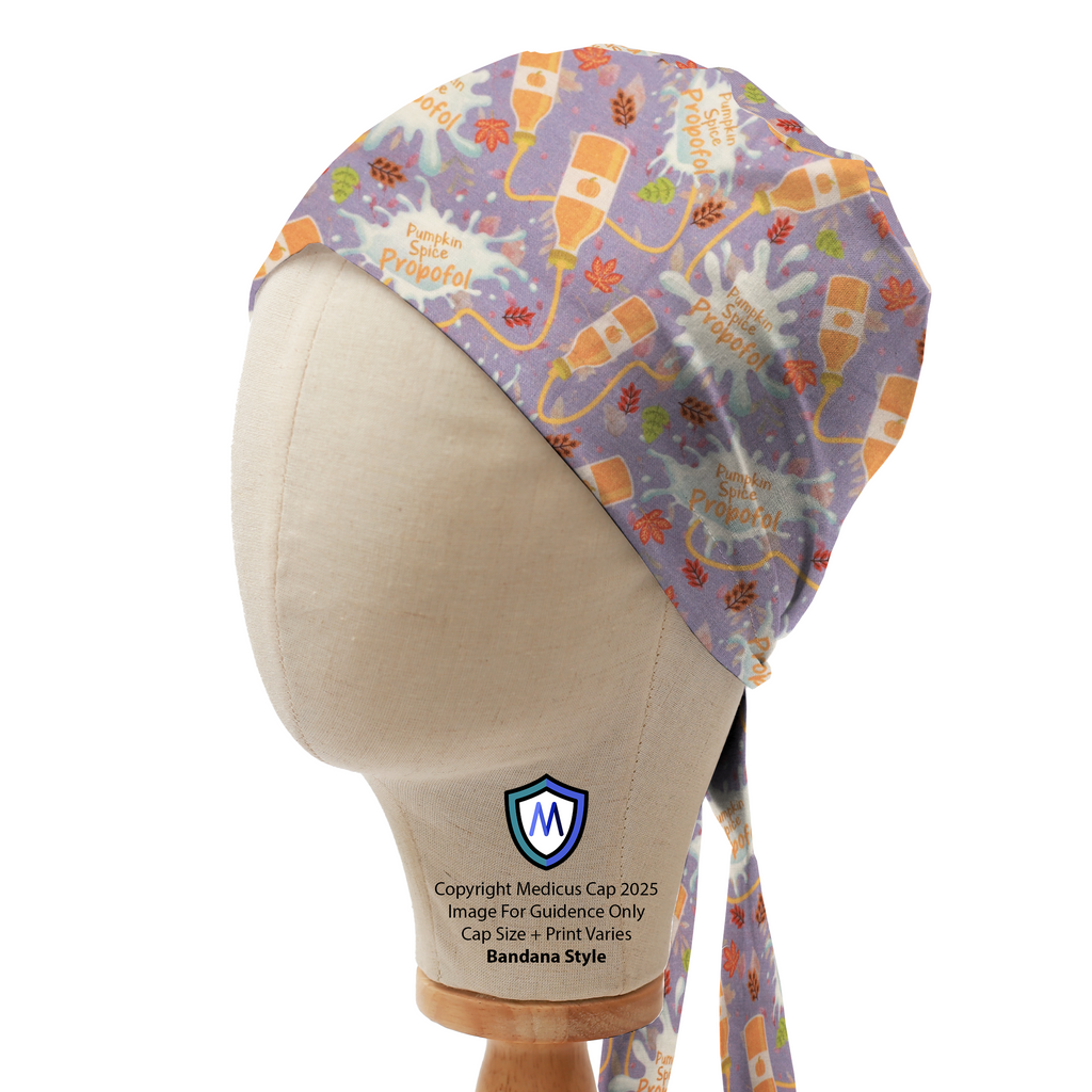 Medicus Scrub Cap in bandana style with a "Pumpkin Spice Propofol" pattern featuring IV bags, autumn leaves, and splashes on a purple background.