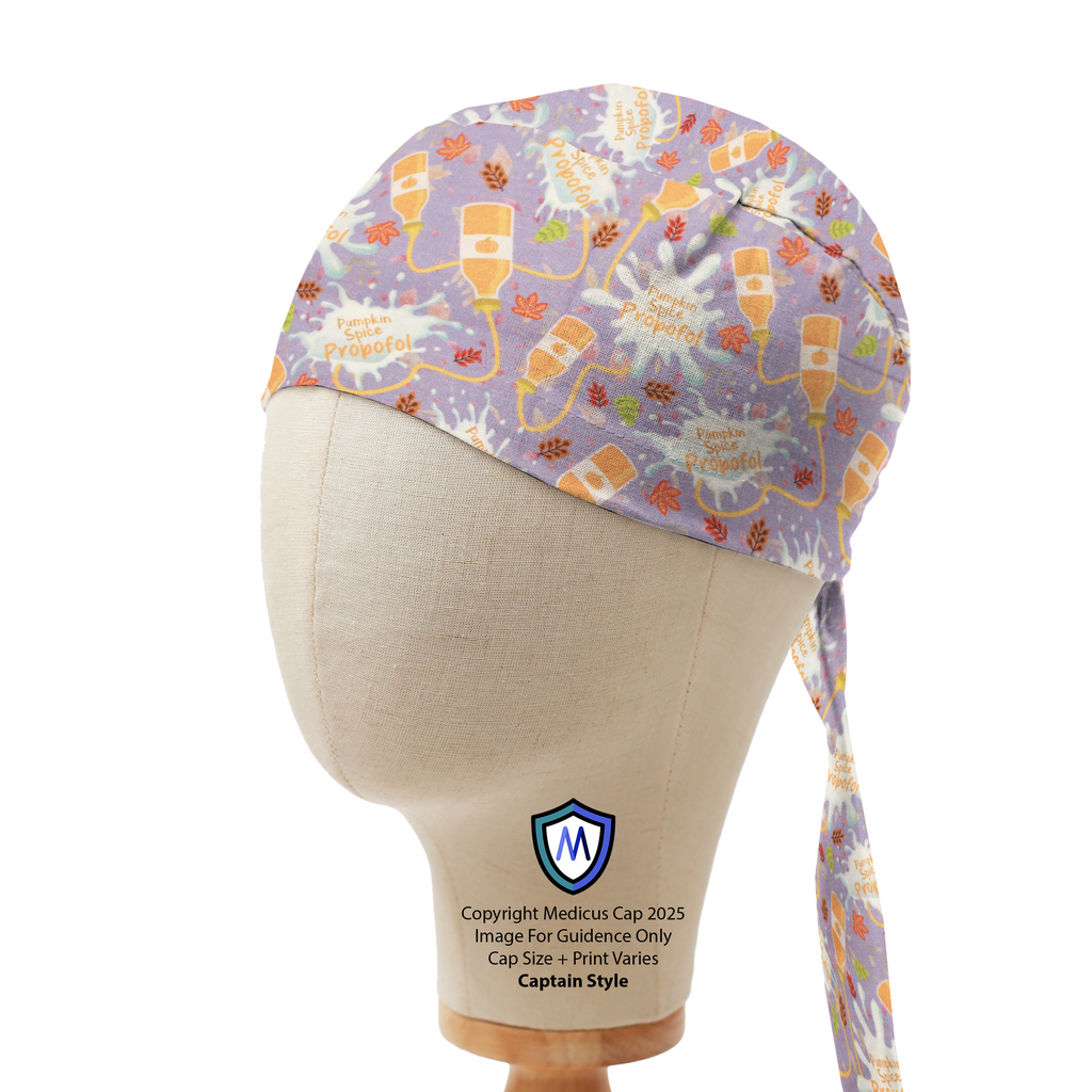 Medicus Scrub Cap in "Pumpkin Spice Propofol" design, featuring IV bags, autumn leaves, and a cozy fall theme on a lavender background. Captain style.