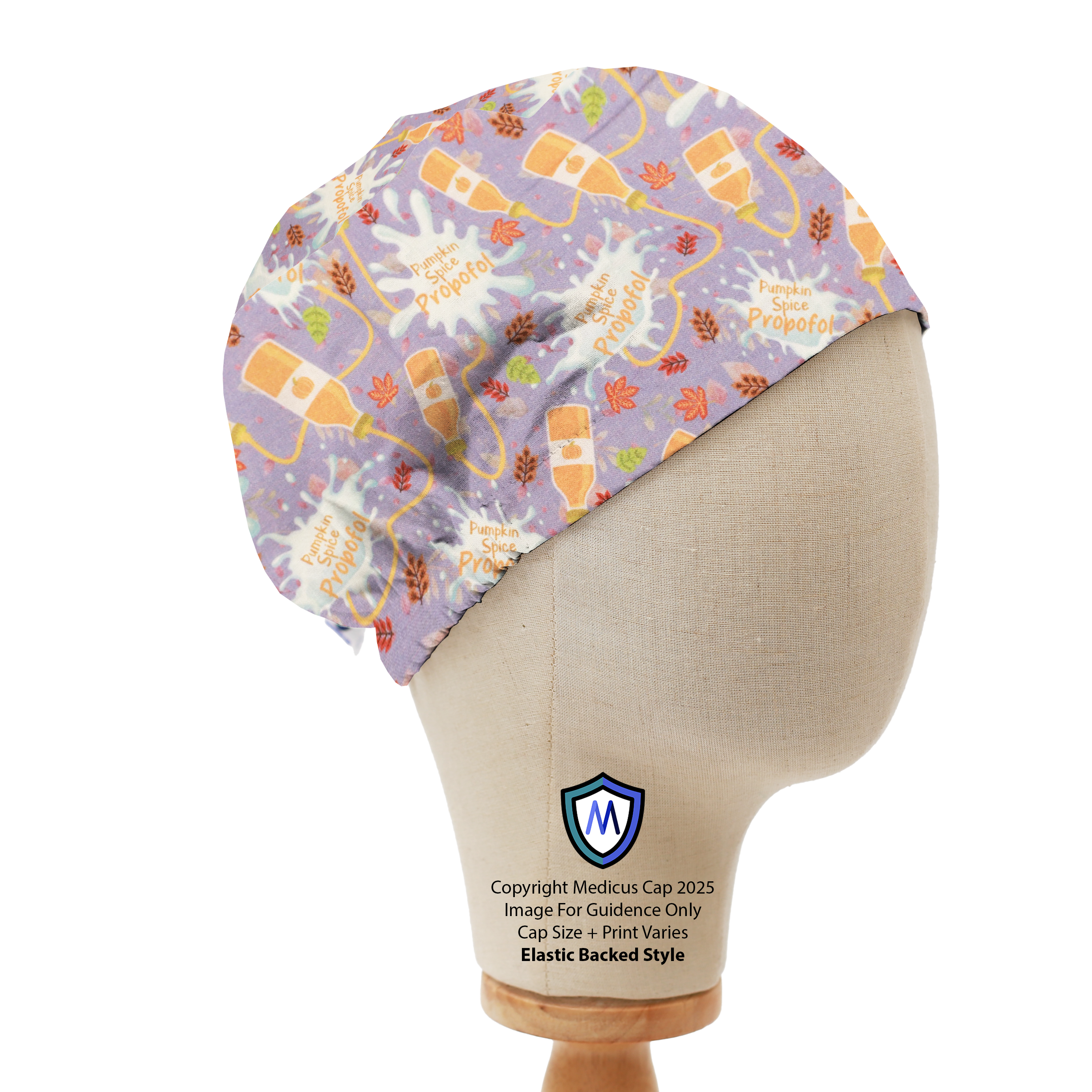Medicus Scrub Cap with a pumpkin spice propofol-themed pattern on a lavender background, featuring autumn leaves and propofol vials. Elastic-backed style.