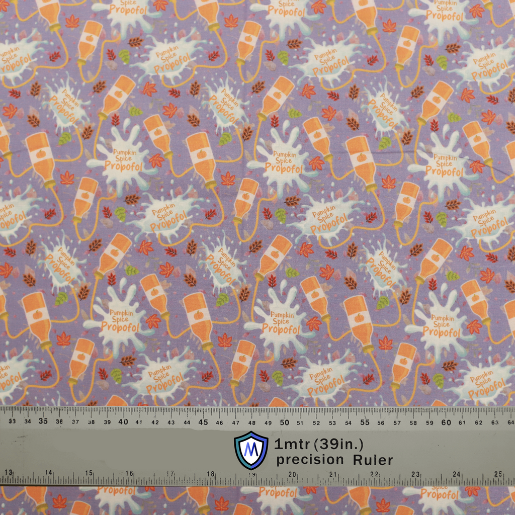 Purple Medicus Scrub Cap fabric with a "Pumpkin Spice Propofol" pattern featuring IV bags, autumn leaves, and splashes. Fun, seasonal design for medical professionals.