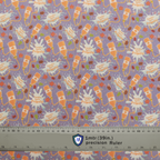 Purple Medicus Scrub Cap fabric with a "Pumpkin Spice Propofol" pattern featuring IV bags, autumn leaves, and splashes. Fun, seasonal design for medical professionals.