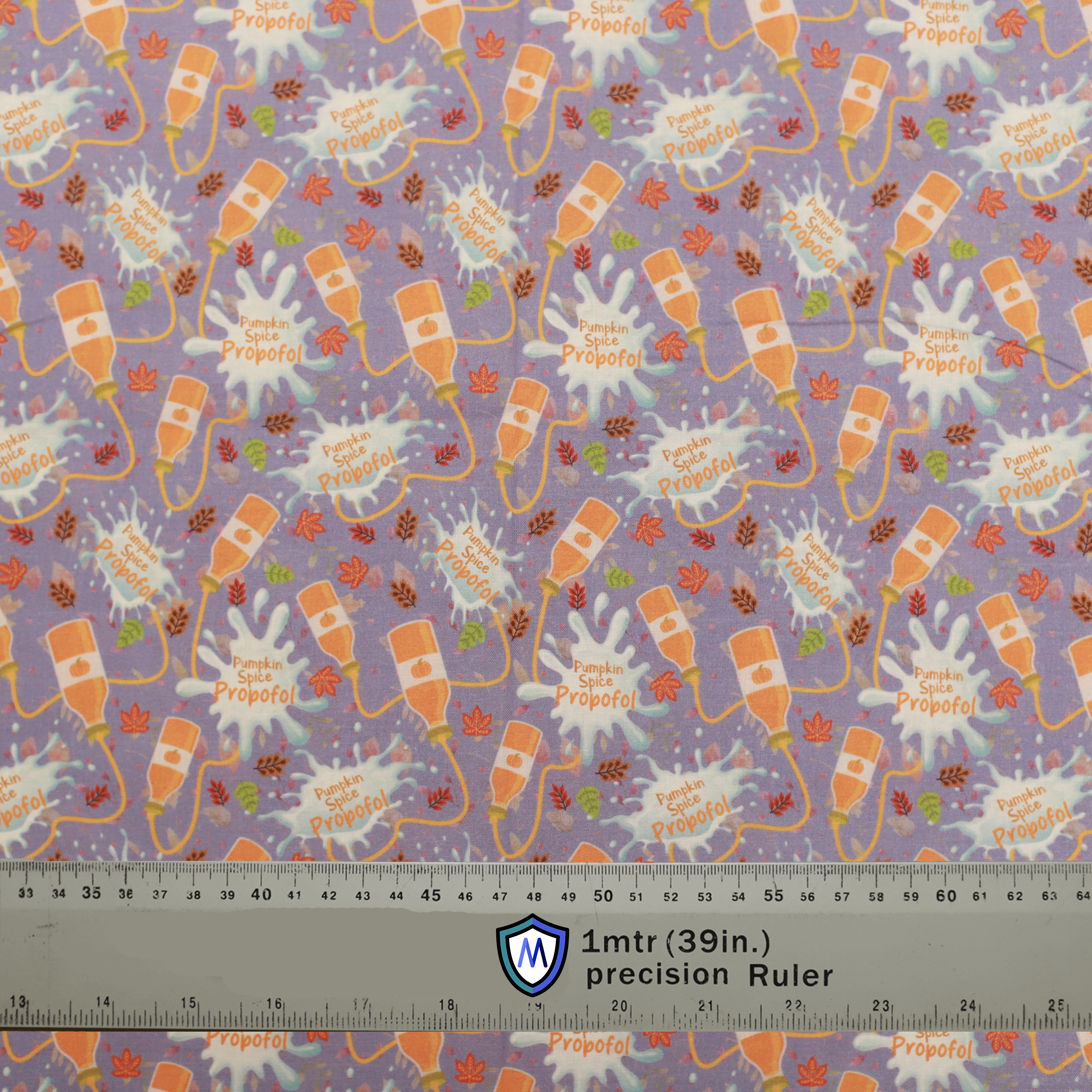 Purple Medicus Scrub Cap fabric with a "Pumpkin Spice Propofol" pattern featuring IV bags, autumn leaves, and splashes. Fun, seasonal design for medical professionals.