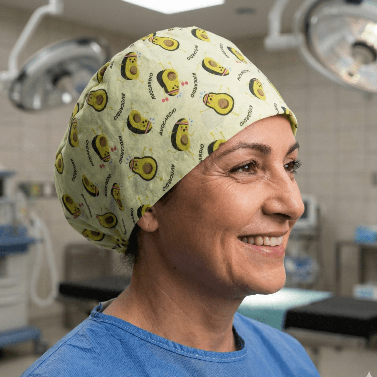 Green avocado pattern scrub cap with yellow and black avocado print design