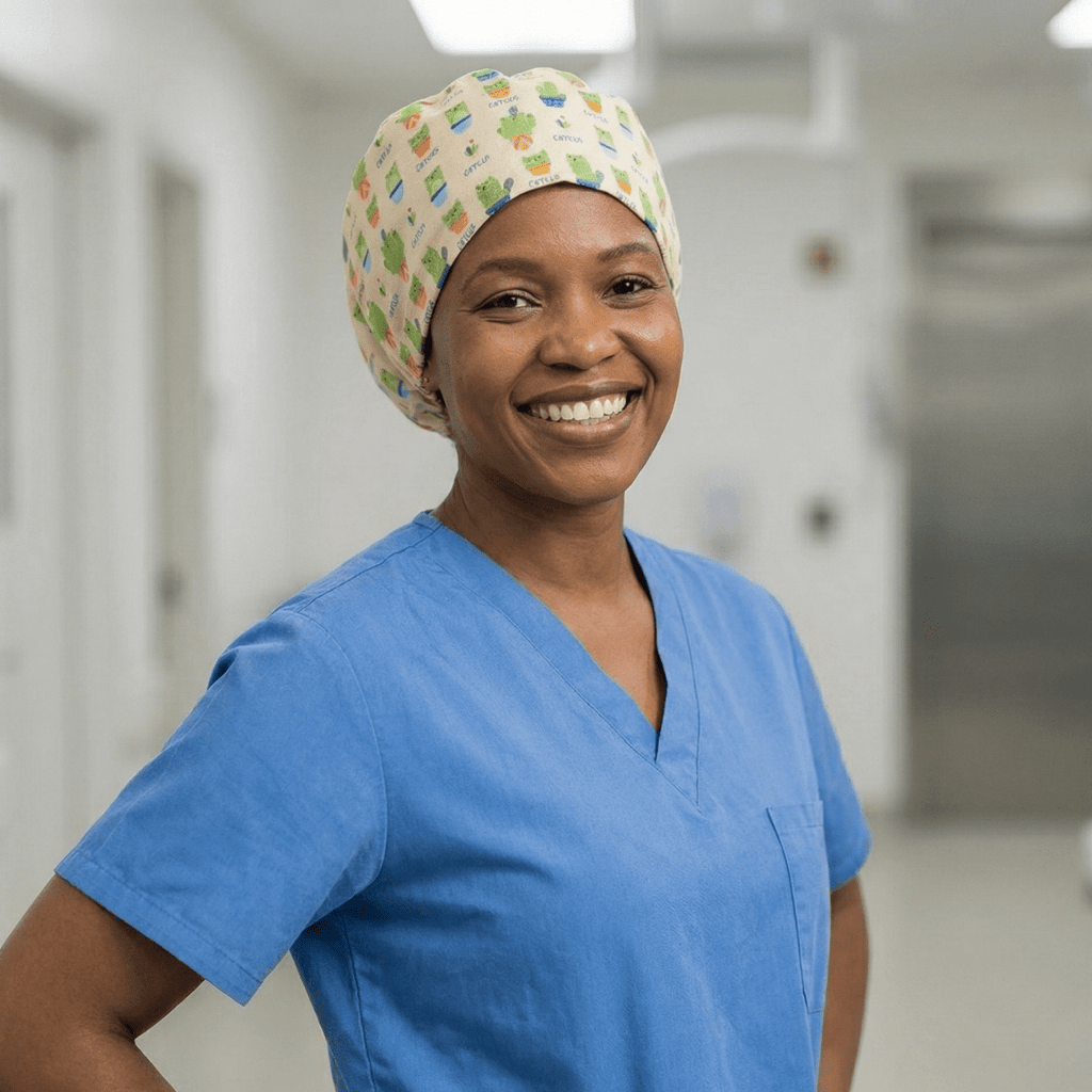 Healthcare worker wearing colorful cactus patterned scrub cap with green and yellow designs, front view