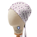 Purple Rain Drops scrub cap with white background and purple teardrop pattern, side profile view
