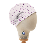 Purple Rain Drops scrub cap with white background and purple teardrop pattern, side profile view