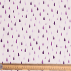 Close-up fabric detail of Purple Rain Drops scrub cap showing scattered purple droplets on light background