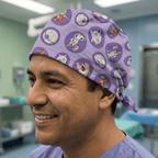 Purple Pokemon character print scrub cap with tie-back closure worn by smiling healthcare professional