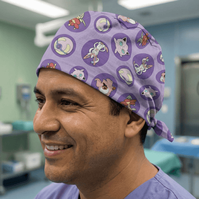 Purple Pokemon character print scrub cap with tie-back closure worn by smiling healthcare professional