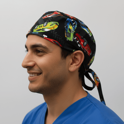 Racing Cars Motorsport scrub cap shown on model