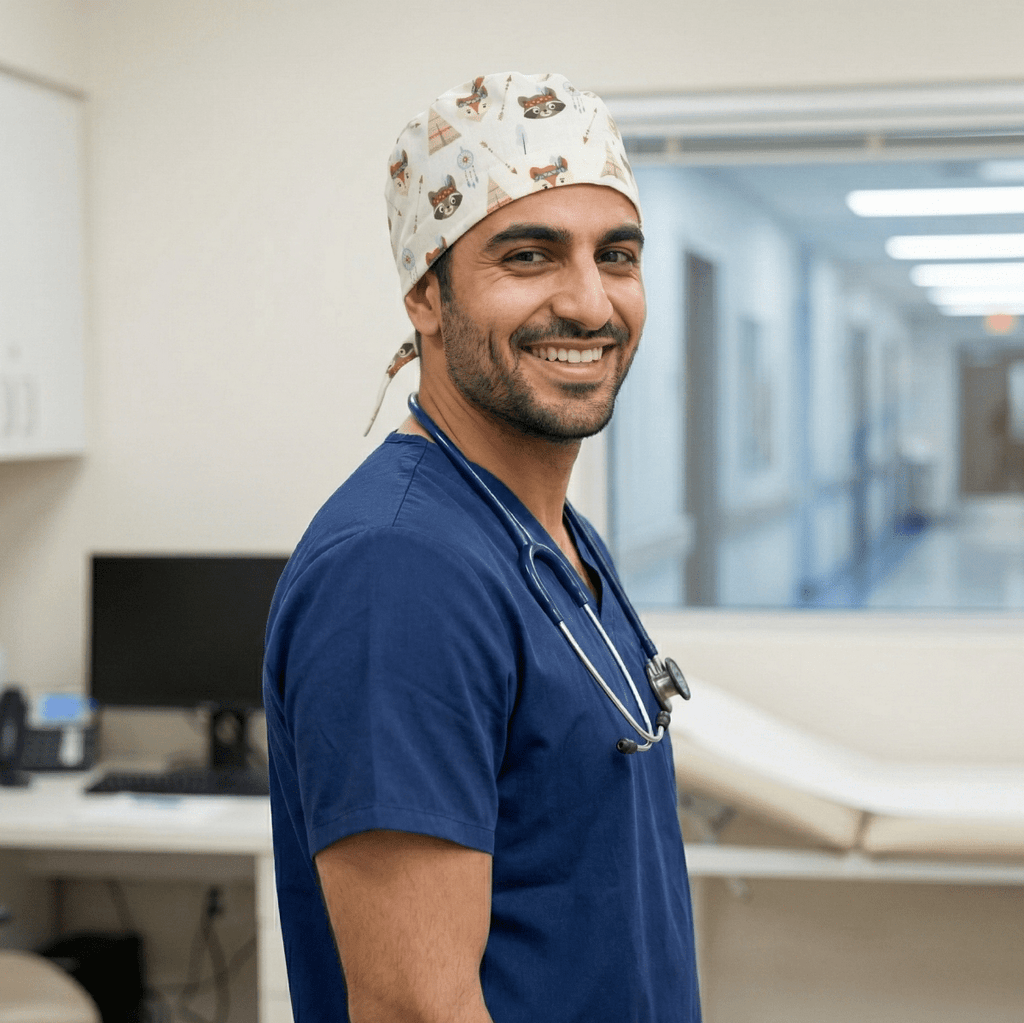 Healthcare worker wearing Racoon Teepees scrub cap with cute animal print pattern, side profile view