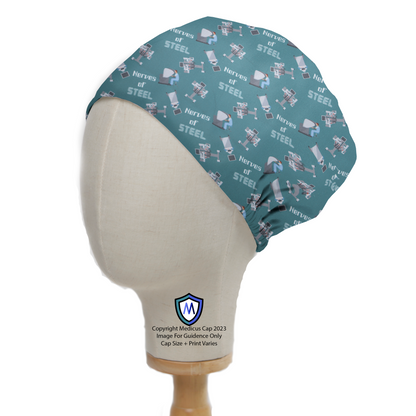 On a mannequin, a Robotic Surgery Nerves of Steel Green Scrub Cap by Medicus Scrub Caps, featuring surgical robots and "Nerves of Steel" text.