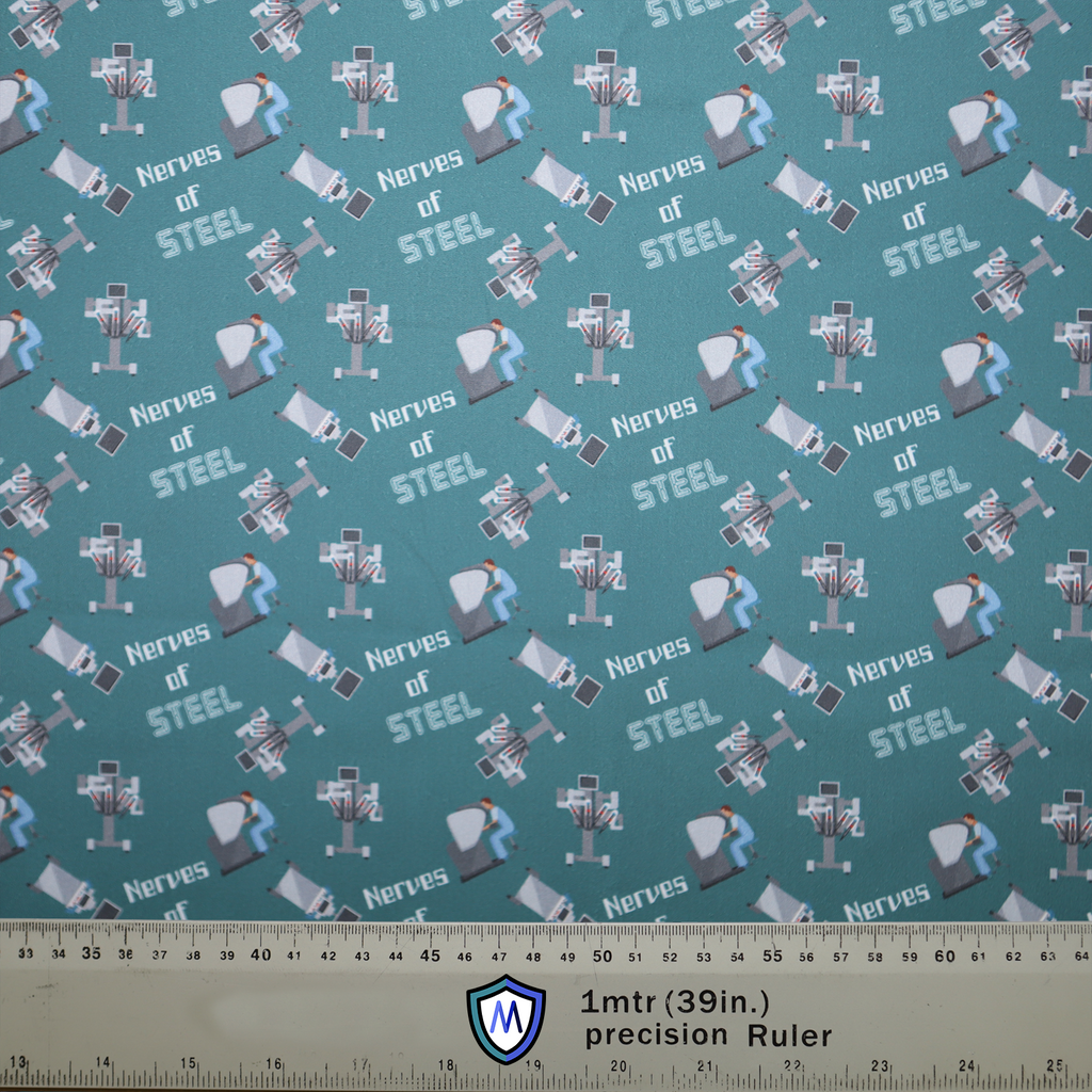 The Medicus Scrub Caps Robotic Surgery Nerves of Steel Green Scrub Cap has a teal background with robots and text, ideal for robotic surgeons.