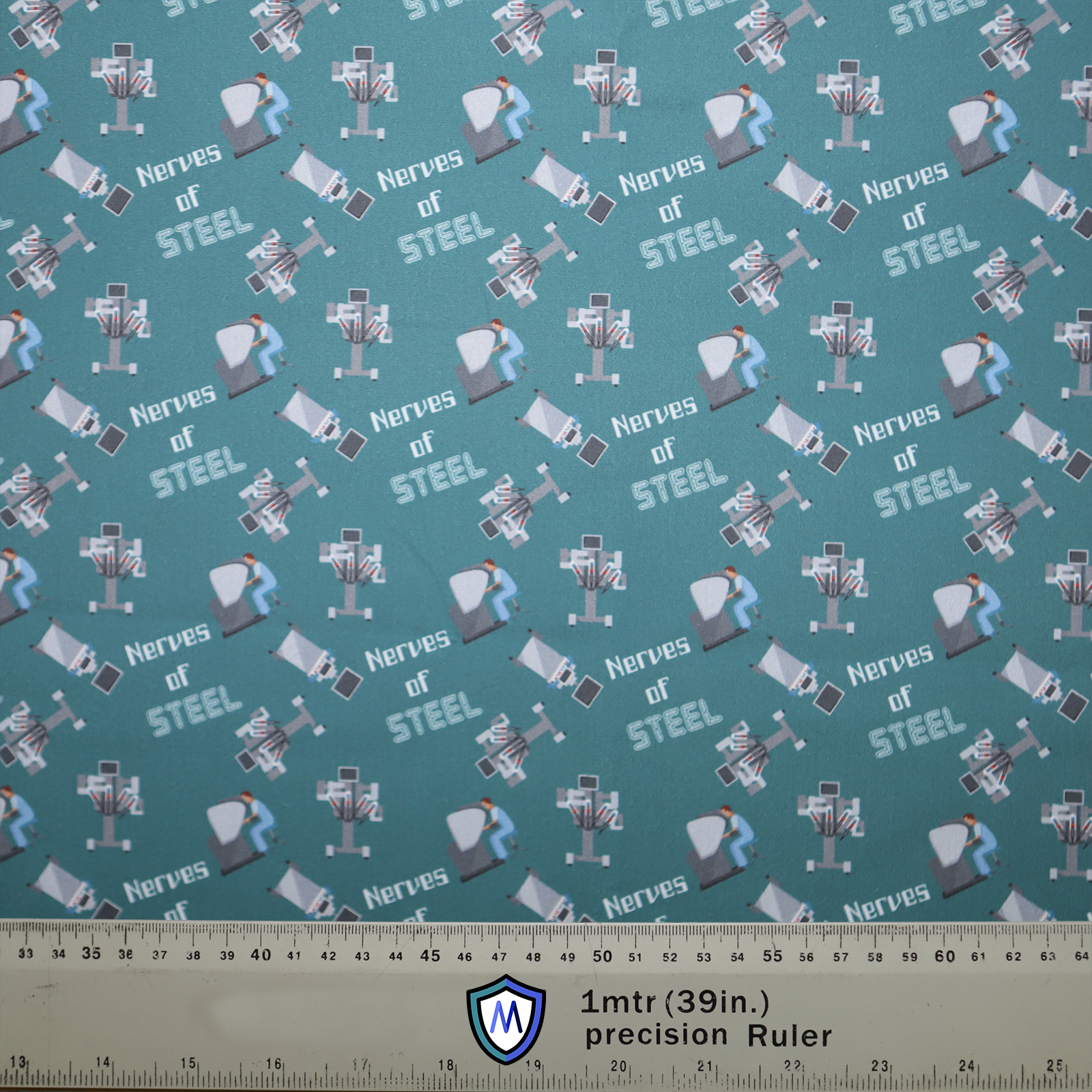 The Medicus Scrub Caps Robotic Surgery Nerves of Steel Green Scrub Cap has a teal background with robots and text, ideal for robotic surgeons.