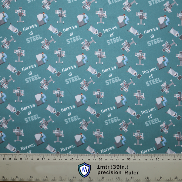 The Medicus Scrub Caps Robotic Surgery Nerves of Steel Green Scrub Cap has a teal background with robots and text, ideal for robotic surgeons.