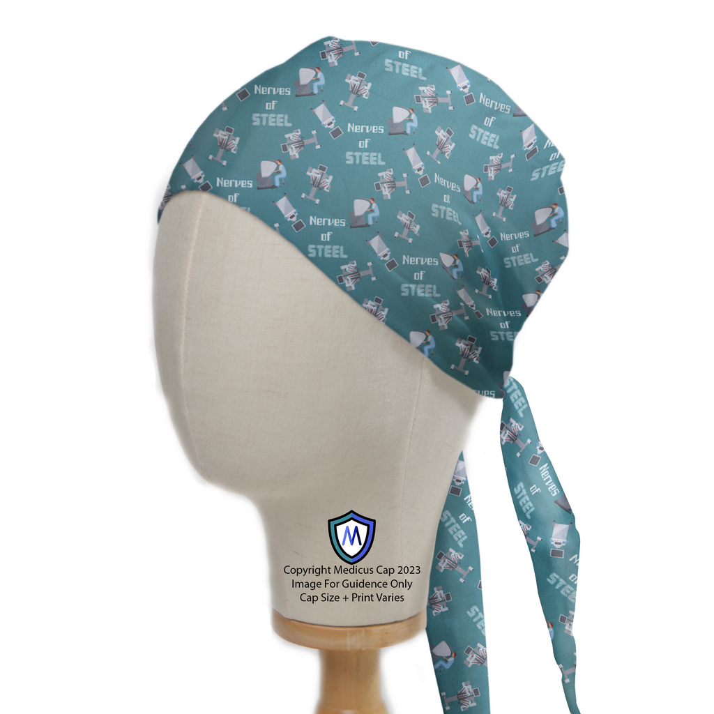 A mannequin head displays the Medicus Scrub Caps Robotic Surgery Nerves of Steel green scrub cap, featuring medical-themed illustrations and tie-back design.