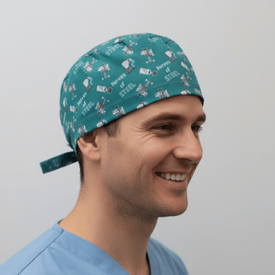 Teal green robotic surgery themed scrub cap with nerves of steel medical pattern