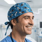Rockets Spaceships Blue scrub cap shown on model