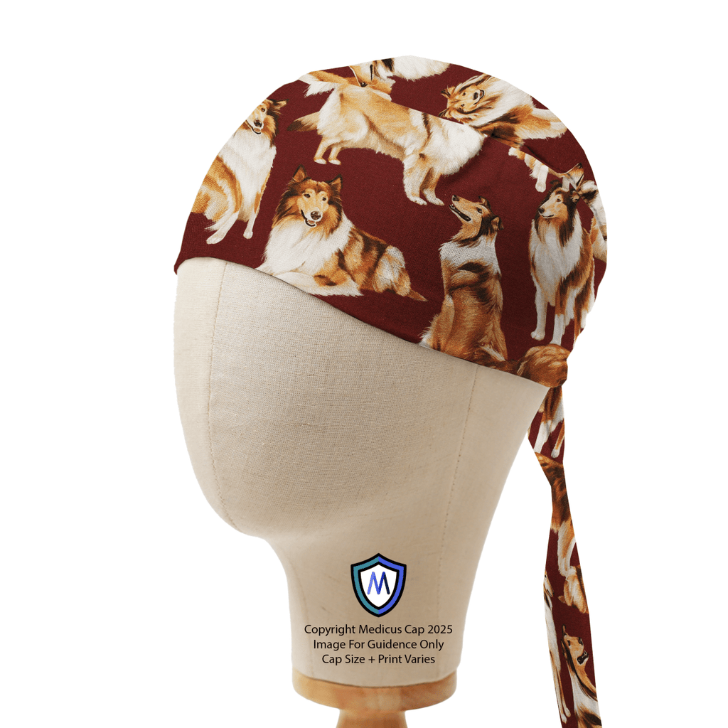 Captain-style scrub cap by Medicus Caps featuring a Rough Collie dog pattern on a dark red background, displayed on a mannequin to showcase design and fit.