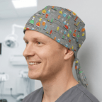 Colourful science laboratory pattern scrub cap with Bunsen burners and beakers on grey