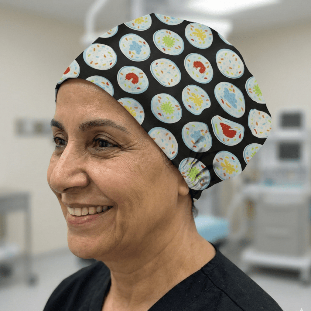 Black scrub cap with colourful petri dish pattern featuring laboratory culture designs