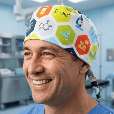 Colourful science themed scrub cap with hexagonal pattern featuring chemistry formulas and equations
