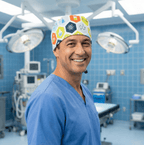 Healthcare professional wearing colorful science-themed scrub cap with beakers and atoms pattern in operating room