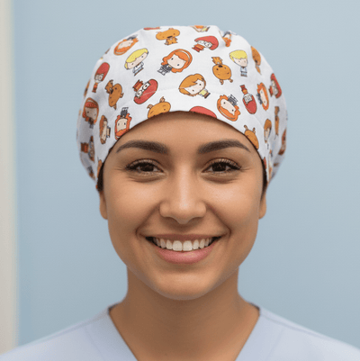 White scrub cap with orange and red kawaii Scooby-Doo cartoon character pattern