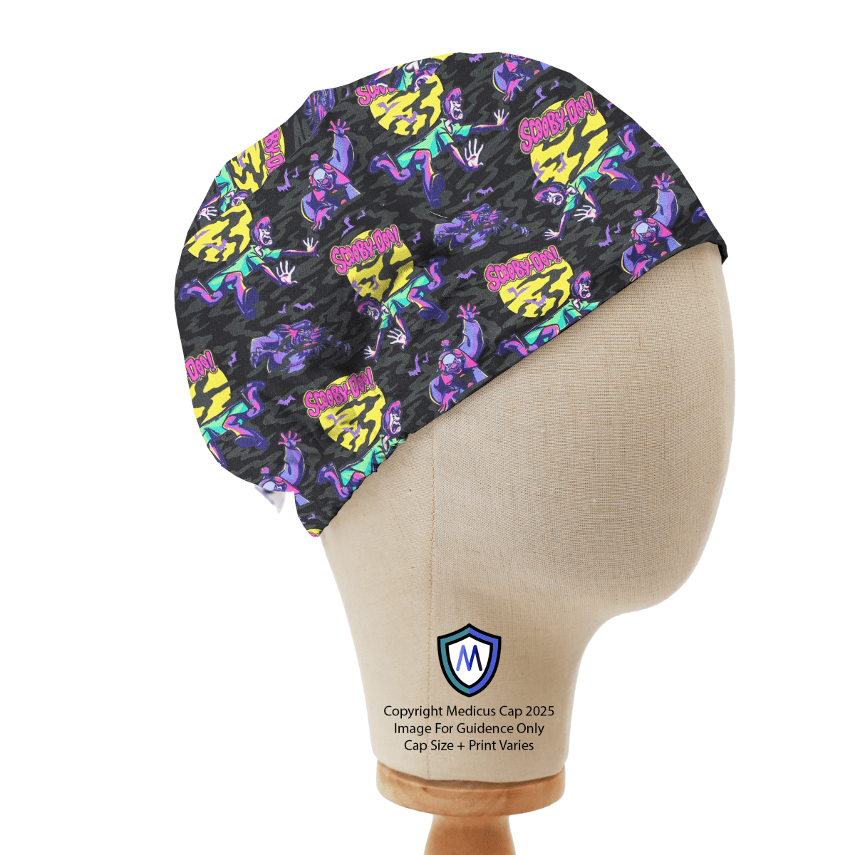 Scooby-Doo print scrub cap with elastic back on mannequin, purple cartoon design.
