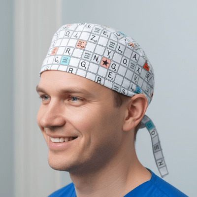White crossword puzzle pattern scrub cap with coloured letter tiles and tie-back design