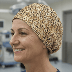 Scrabble letter tiles pattern scrub cap in cream and brown colours with elastic band