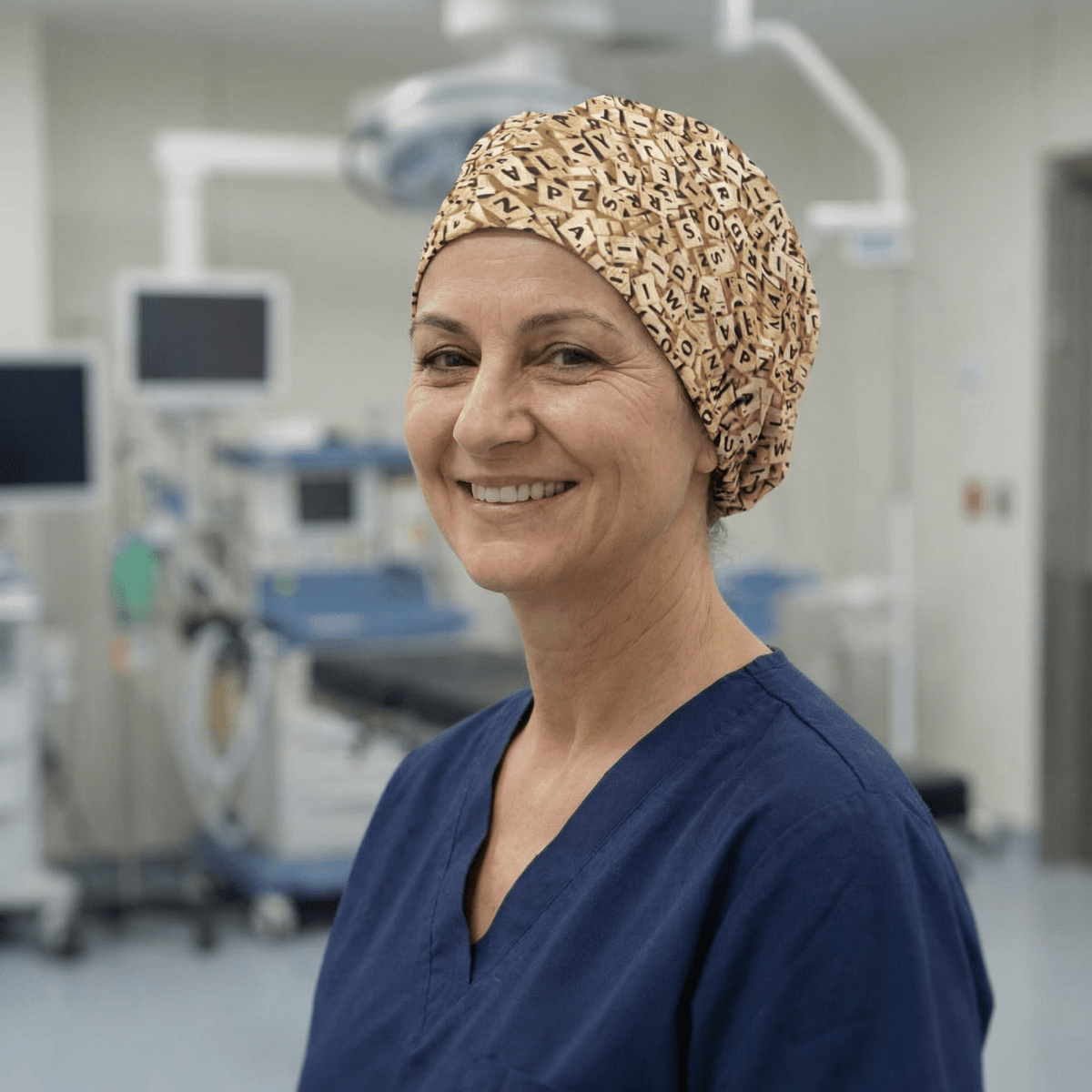 Healthcare worker wearing beige Scrabble letters patterned scrub cap, front view in operating room