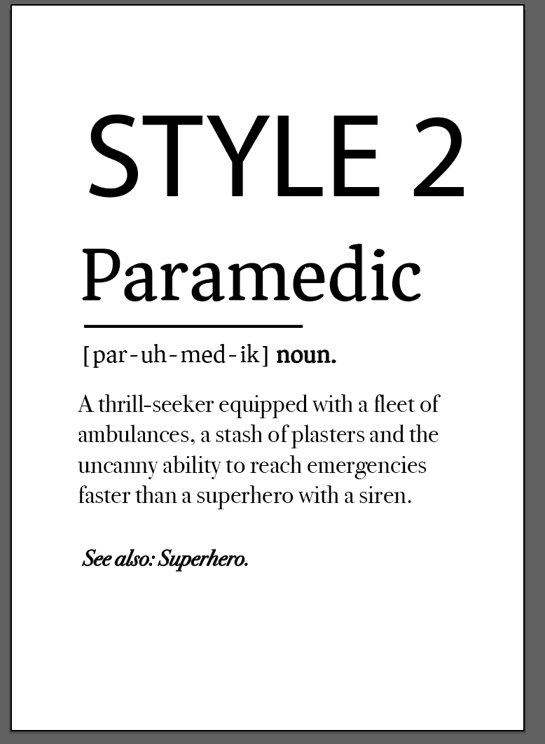 Digital paramedic definition poster from Medicus Scrub Caps. Customizable design celebrating paramedics as superhero-like thrill-seekers. Perfect for emergency responders.