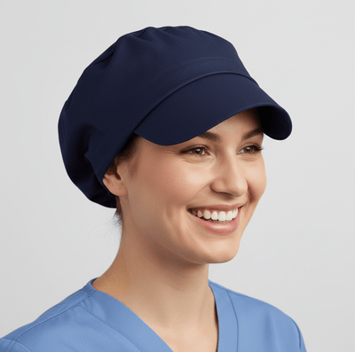 Navy blue plain surgical scrub cap with visor peak worn by smiling healthcare worker