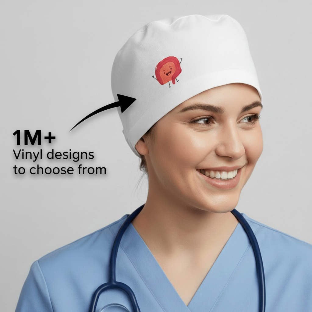 Person wearing a white scrub cap with a red character design on a plain background