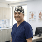 Healthcare professional wearing Skulls On Dark Grey scrub cap with white skull pattern, front view