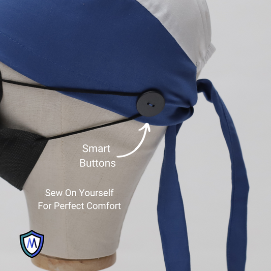 A Medicus Caps Smart Buttons scrub cap in blue and gray on a mannequin head, featuring adjustable straps, a black face mask, and customizable smart buttons.