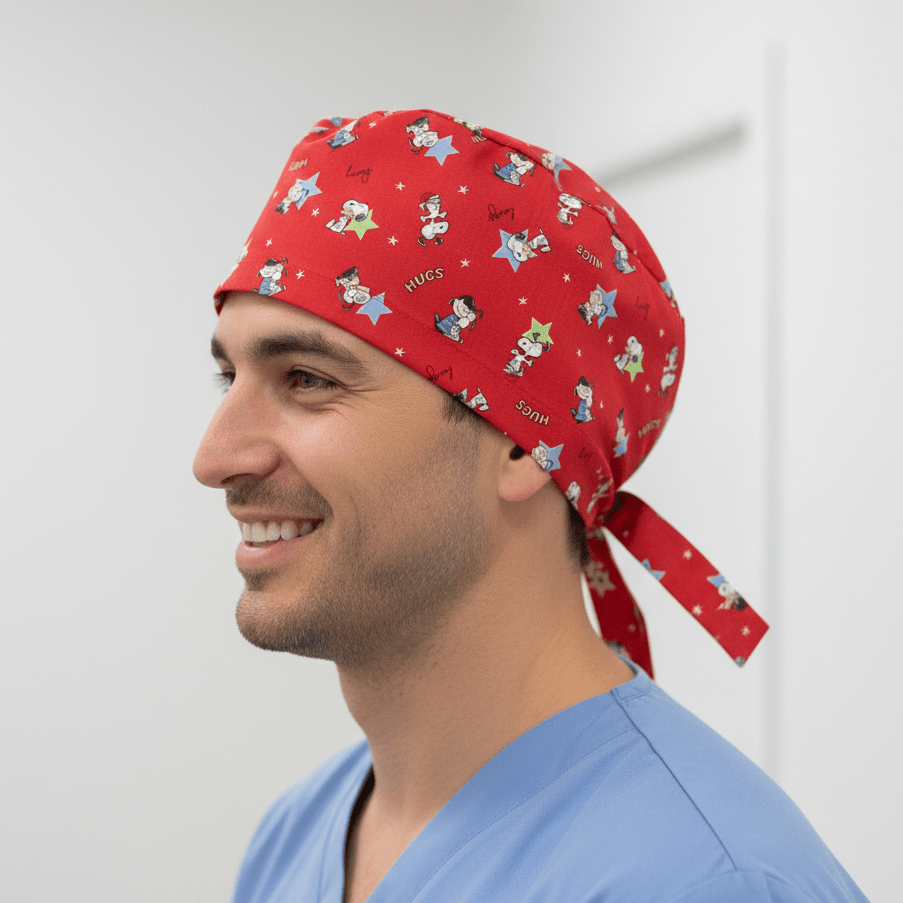 Snoopy Charlie Hug Red Scrub Cap