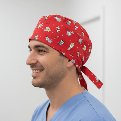 Snoopy Charlie Hug Red scrub cap shown on model