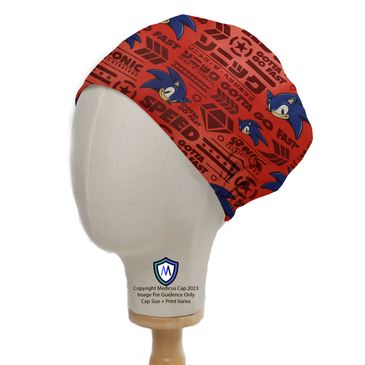 Sonic Speed On Red Gotta Go Fast Scrub Cap from Medicus Scrub Caps, featuring a bold red design with Sonic-themed graphics and text.