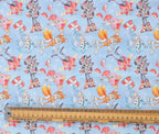 Close-up fabric detail of Sonic + Friends scrub cap showing colorful cartoon characters on light blue background