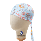 Side view of Sonic + Friends cartoon scrub cap with colorful characters on light blue fabric