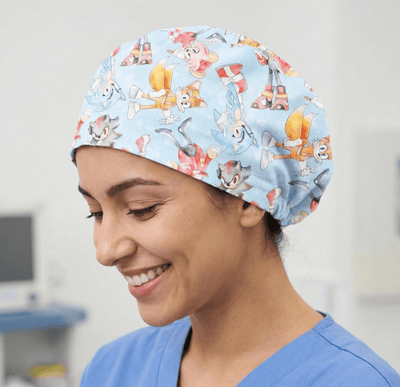 Light blue Sonic the Hedgehog cartoon character patterned scrub cap with elastic back