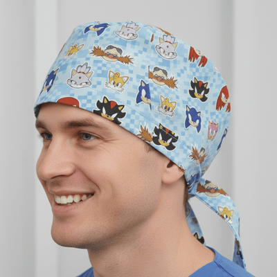 Sonic The Hedgehog Character Heads scrub cap shown on model