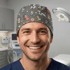 Grey space cartoon character pattern scrub cap with colourful Star Trek kawaii designs